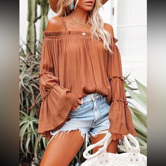 Luxe off shoulder long sleeve casual blouse - Picture 6 of 15